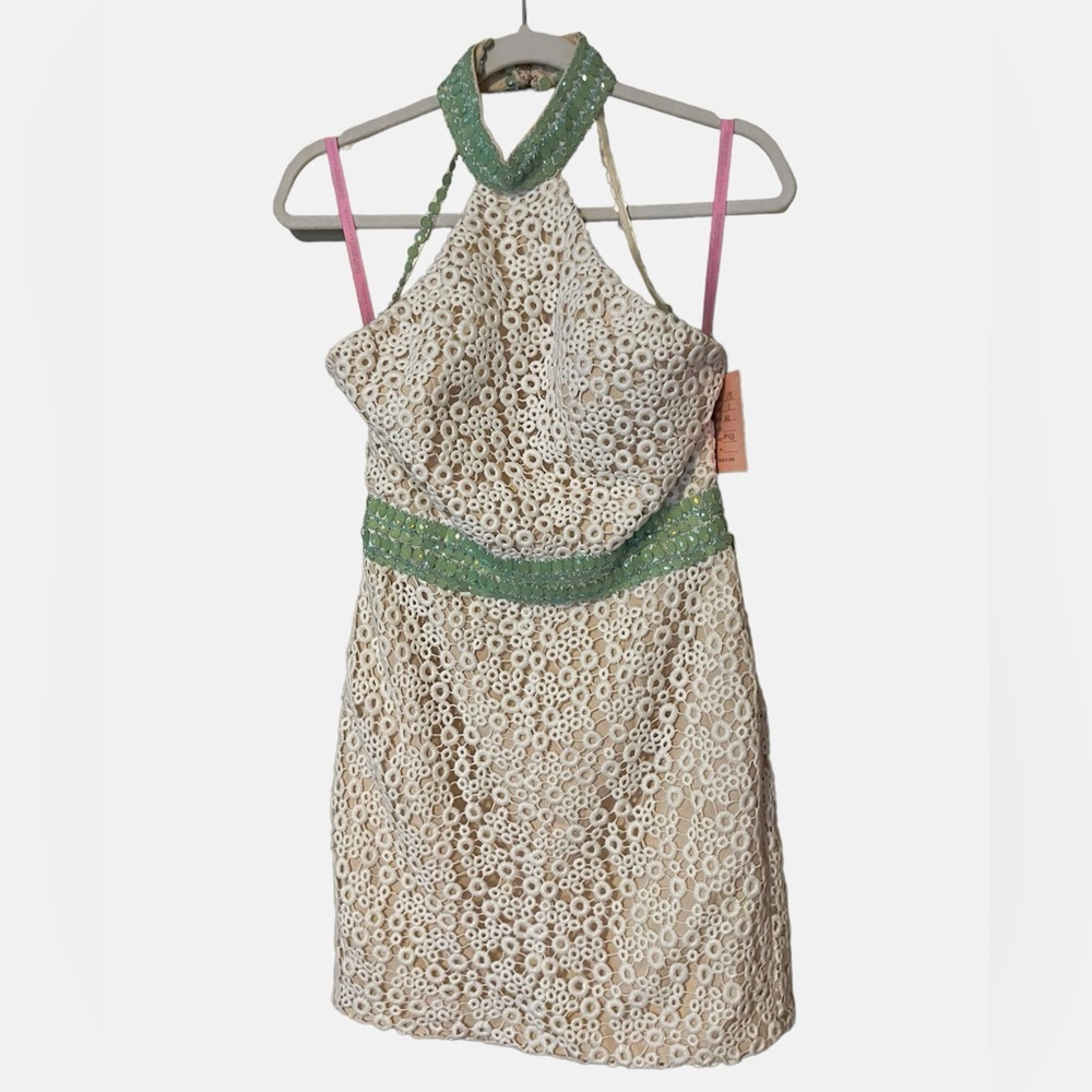 Blush Prom Crochet Jeweled Collared Mini Dress NWT